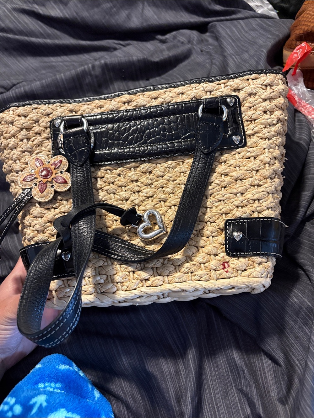 Brighton Beige Woven Shoulder Bag with Black Trim and Heart Charm